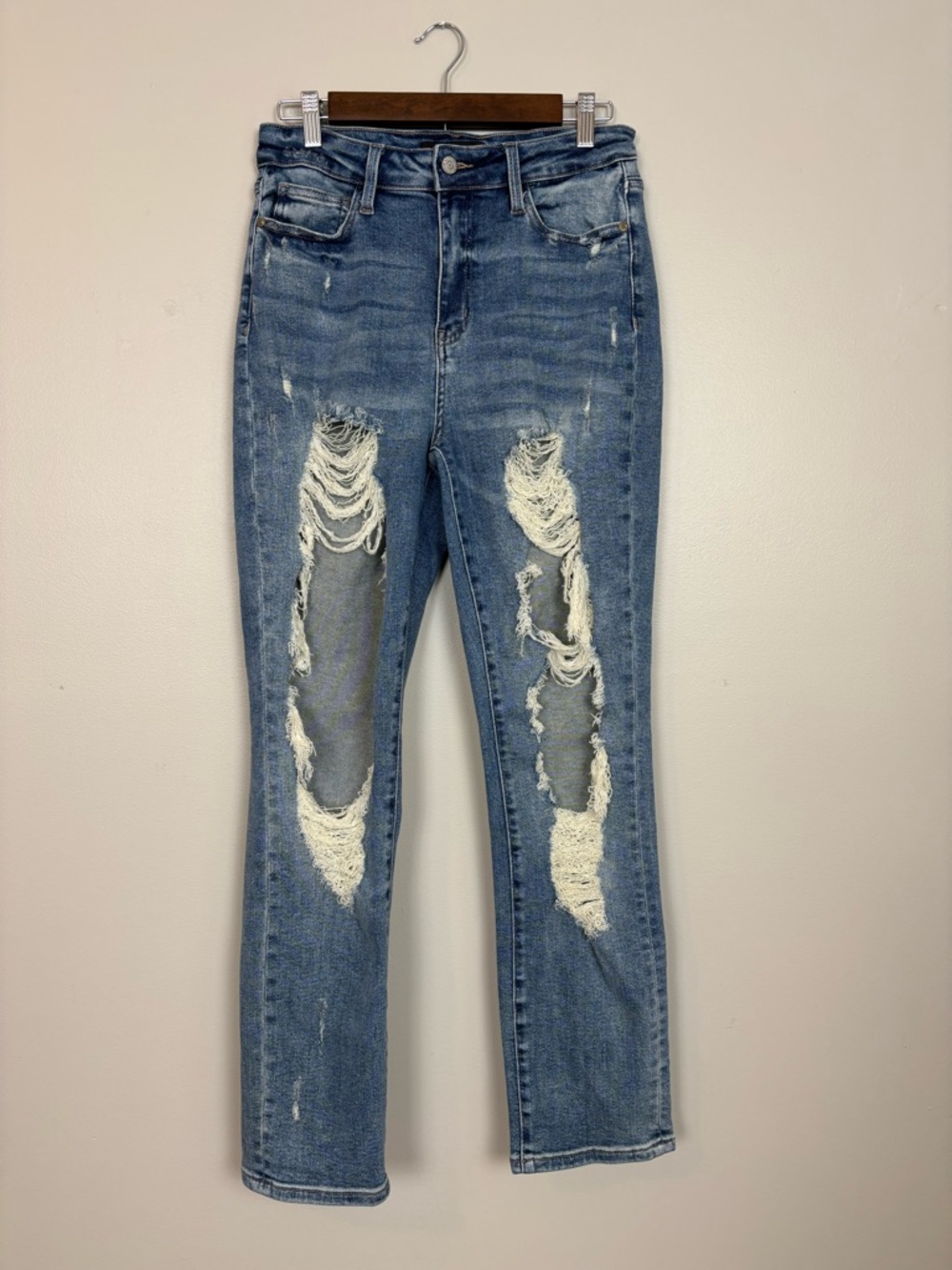 Judy Blue Jeans Womens 29 Straight Leg Heavily Distressed Streetwear Denim Blue
